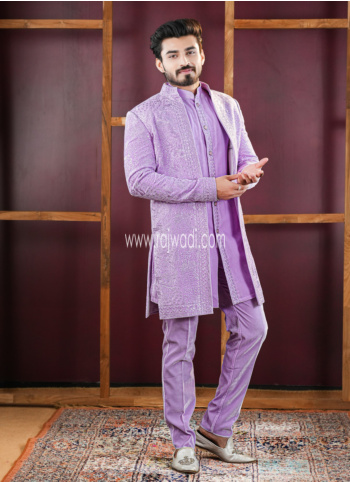 Lavender Velvet Indowestern Set With Embroidered Jacket