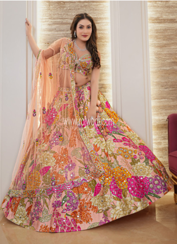Light Peach Hand Embroidered Wedding Silk Lehenga Choli