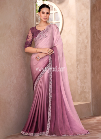 Light Pink And Wine Embroidered Saree In Chiffon