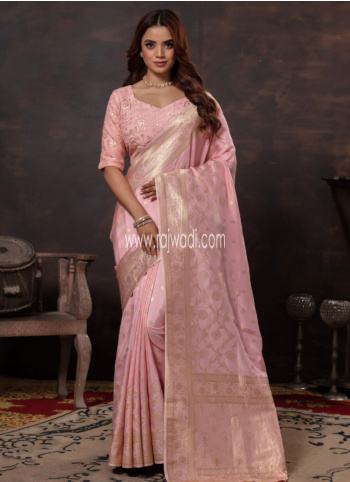 Light Pink Woven Silk Saree With Readymade Choli