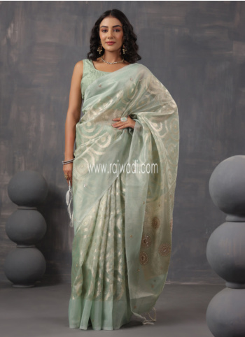 Light Pista Green Festive Saree With Weaving Work