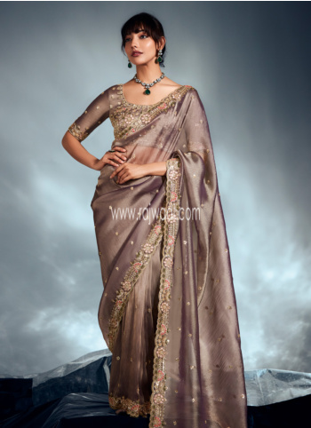 Brown Embroidered Shimmer Organza Saree