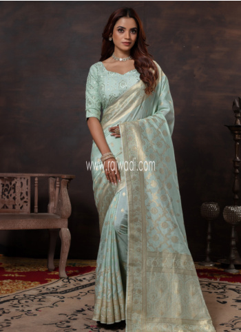 Light Sea Green Woven Silk Saree With Readymade Choli