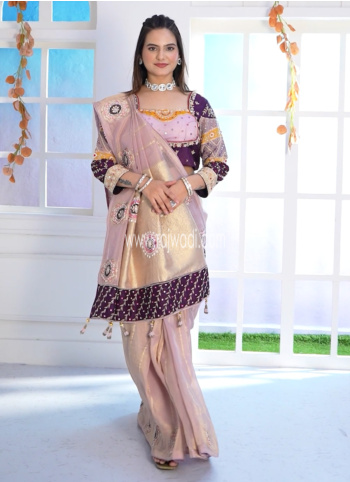 Lilac Embroidered Crepe Silk Saree With Readymade Choli