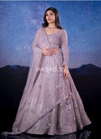 Lilac Net Lehenga Choli With Hand Embroidery Work