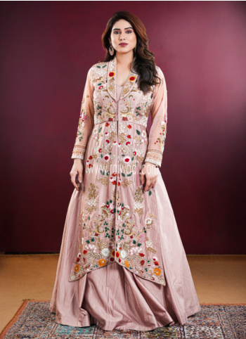 Lilac Silk Indowestern Lehenga With Embroidered Jacket