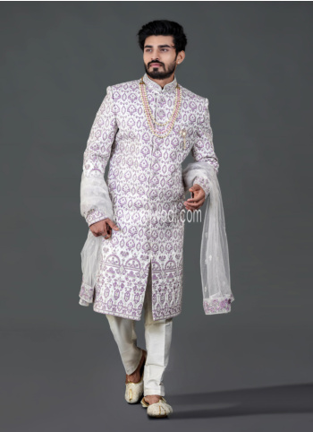 Luxury Lavender Silk Sherwani With Intricate Embroidery
