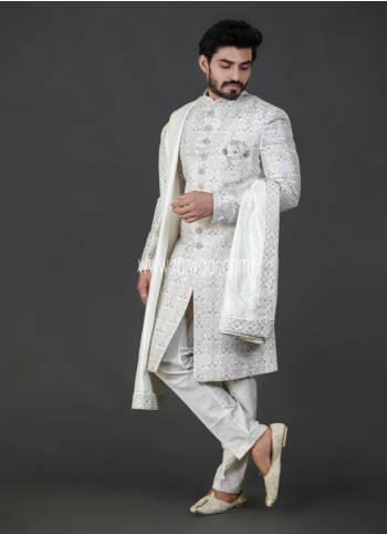 Luxury Off White Silk Sherwani With Intricate Embroidery For Groom