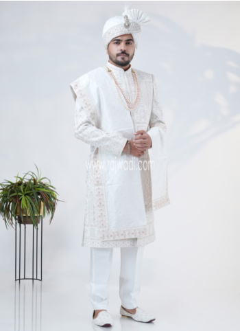 Luxury White Silk Sherwani With Intricate Embroidery For Groom