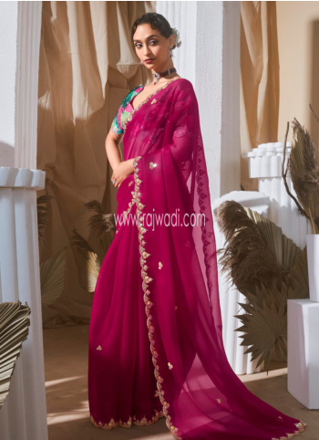 Magenta Organza Embroidered Saree
