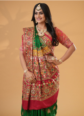 Maroon And Green Traditional Gharchola Saree