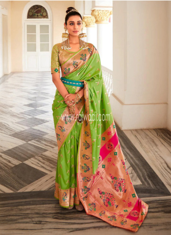 Marvelous Parrot Green Paithani Silk Wedding Wear Saree