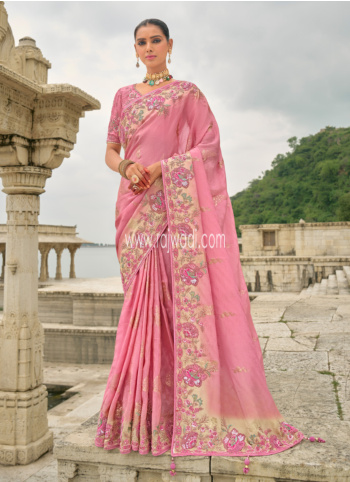 Pink Jacquard Silk Wedding Wear Saree