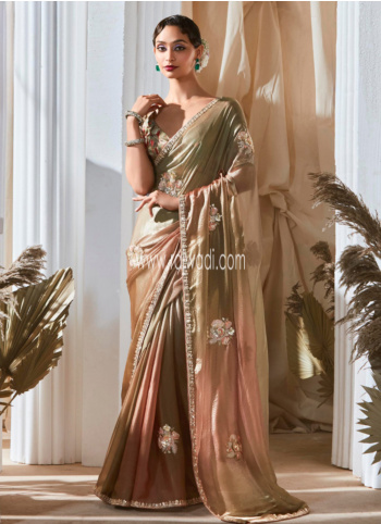 Mehndi Green And Brown Organza Saree