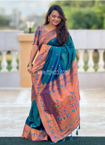 Mesmerizing Rama Blue Paithani Silk Saree