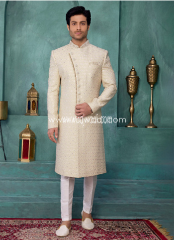 Beige Embroidered Art Silk Sherwani For Men