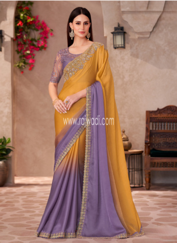 Mustard Yellow And Lavender Chiffon Saree