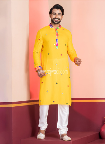 Mustard Yellow Rayon Embroidered Kurta Pajama