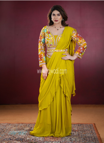 Mustard Yellow Ready To Wear Saree With Embroidered Choli