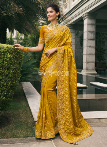 Mustard Yellow Tissue Silk Saree With Embroidery Work