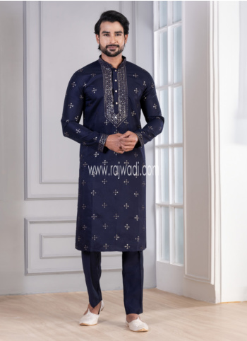 Navy Blue Embroidered Kurta Pajama In Cotton Silk