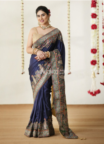 Navy Blue Floral Pattern Woven Pashmina Silk Saree