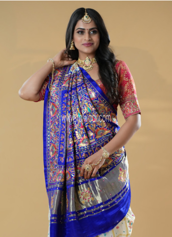 Off White And Blue Gajji Silk Gharchola Saree With Heavy Pallu