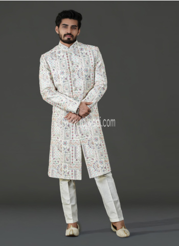Off White Embroidered Groom Sherwani In Silk