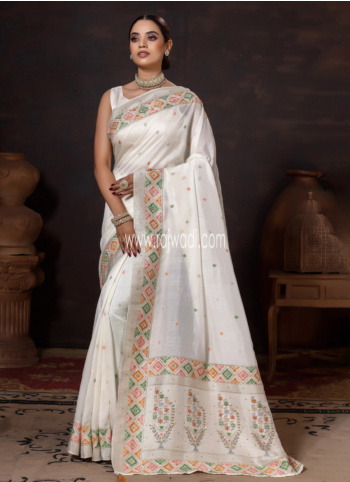 Off White Embroidered Banarasi Silk Saree