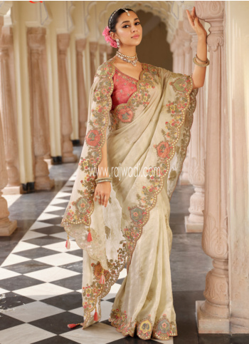Off White Silk Embroidered Saree