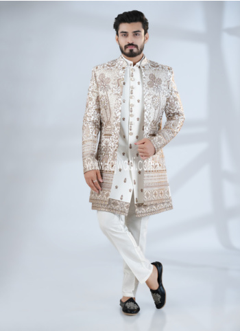 Off White Silk Thread Embroidered Jacket Indowestern Set For Men