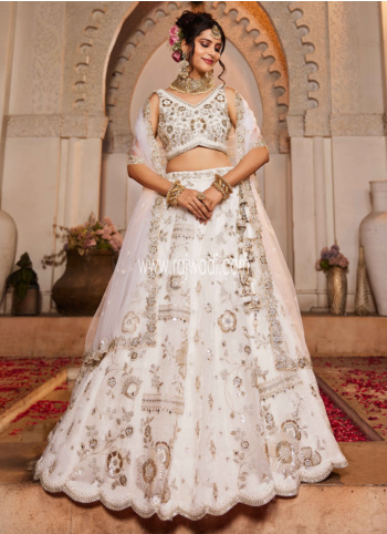 Off White Tissue Silk Embroidered Lehenga Choli For Women