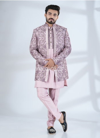 Onion Pink Jacket Style Embroidered Indowestern Set For Wedding