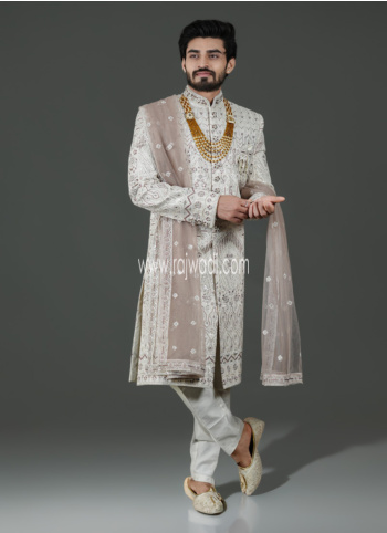 Opulent Light Brown Silk Embroidered Sherwani Set