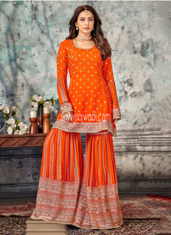 Orange Georgette Embroidered Gharara Suit
