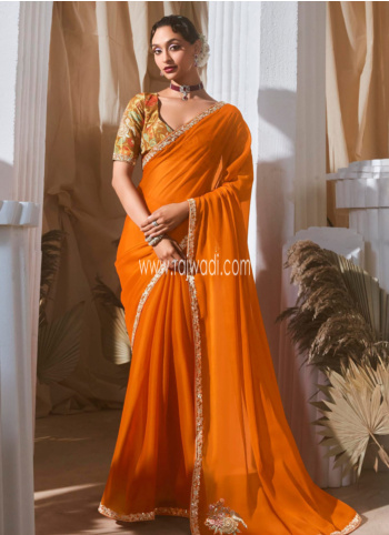 Orange Organza Embroidered Saree