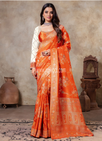 Orange Banarasi Silk Choli Saree