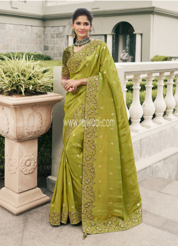 Parrot Green Embroidered Tissue Silk Wedding Saree