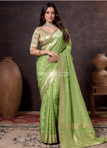 Parrot Green Woven Banarasi Silk Saree With Readymade Choli
