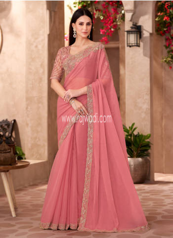 Peach Embroidered Saree In Georgette