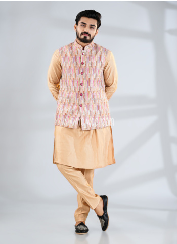 Peach Embroidered Silk Nehru Jacket Set