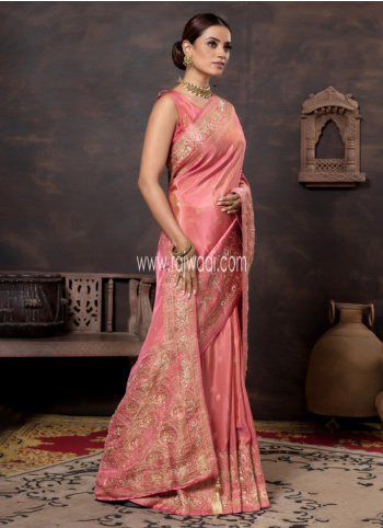 Peach Embroidered Silk Saree
