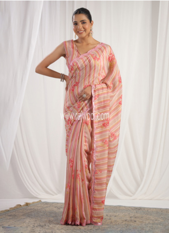 Peach Printed Crepe Silk Saree For Women