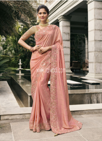 Peach Sequins Embellished Tissue Silk Wedding Saree