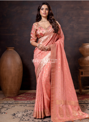 Peach Banarasi Silk Saree With Readymade Blouse