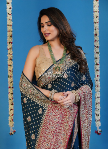 Peacock Blue Crepe Silk Wedding Wear Saree