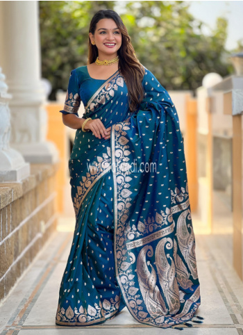 Peacock Blue Woven Banarasi Silk Saree