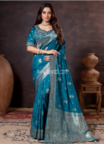 Peacock Blue Woven Banarasi Silk Saree