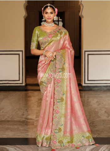 Pink And Green Embroidered Silk Saree