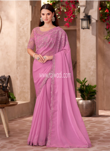 Pink Chiffon Saree With Embroidered Border